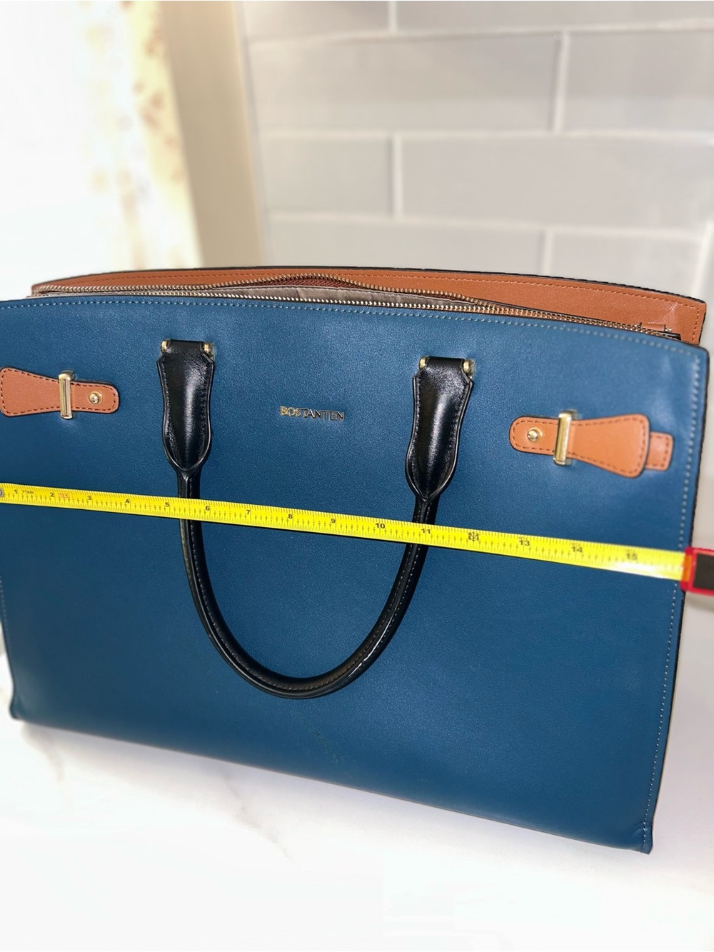 Bostanten Leather Laptop Tote Bag in Navy with Black Handles and Tan Trim/lining - Picture 3 of 15